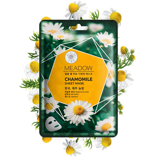 Маска для лица, Mi-Ri-Ne, Meadow, с ледниковой водой Ромашка и Жасмин, тканевая, питательная, для всех типов кожи, 25 г
