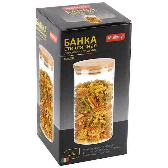 Банка для сыпучих продуктов, стекло, 1.5 л, 11.8х11.8х22.8 см, с крышкой, Mallony, Bambu, 004446