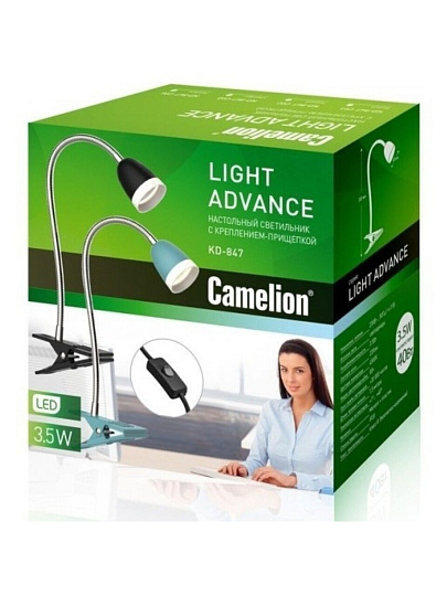 Светильник настольный на прищепке, 3.5 Вт, хром, абажур черный, Camelion, KD-847 C02, 14139