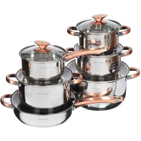 Набор посуды из нержавеющей стали Wellberg 1750C, (ковш 1.9 л, кастрюли 1.9, 2.7, 3.6, 6.1 л, сковорода 24 см), 12 предметов