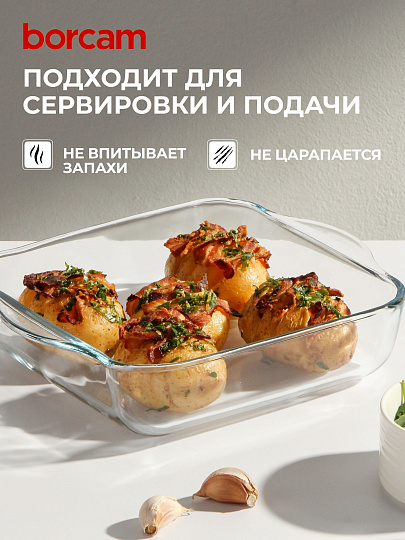 Форма для запекания стекло, 22х25.6 см, 1.95 л, прямоугольная, Borcam, 59034