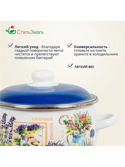 Кастрюля эмалированная сталь, 5.5 л, крышка сталь, сферический, СтальЭмаль, Горная лаванда, 6RC221M, индукция