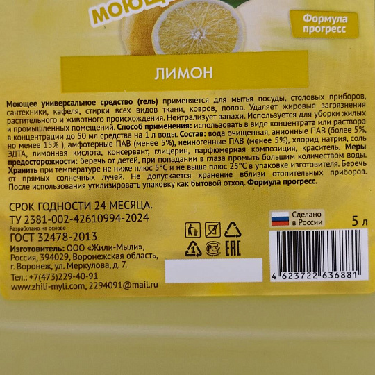 Моющее средство универсальное, 6 в 1, Жили-мыли, Лимон, гель, 5 л
