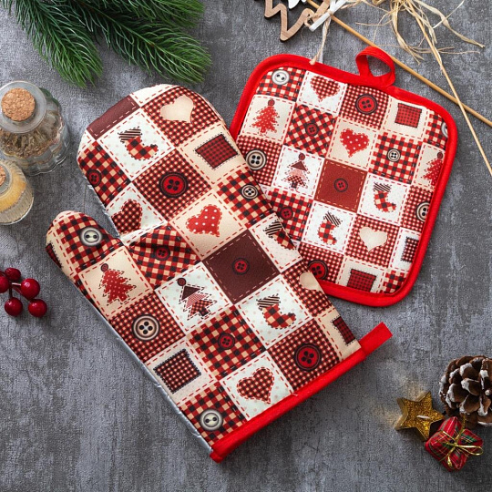 Набор кухонный 2 шт, 26х16 см + 17х17 см (варежка, прихватка), 100% полиэстер, Доляна, Новый год, 4902057