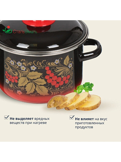 Кастрюля эмалированная сталь, 2 л, крышка сталь, цилиндрическая, СтальЭмаль, Рябина, 7RD161M/7RD161S, индукция