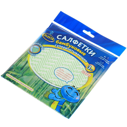 Салфетка бытовая для уборки, бамбук, 30х34 см, 3 шт, супервпитывающая, в ассортименте, Celesta, 403038/405572