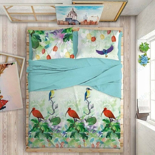 Постельное белье 2-спальное, простыня 220х240 см, 2 наволочки 70х70 см, 2 наволочки 50х70 см, пододеяльник 180х215 см, Love Me, перкаль, Тропики 20064+20065+4846/14