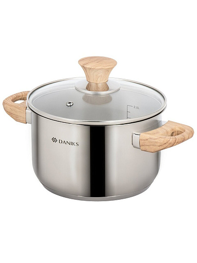 Кастрюля нержавеющая сталь, 2.9 л, крышка стекло, Daniks, Осло, GS-01147-18CA, индукция