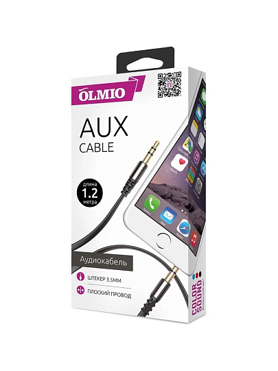 Кабель AUX, OLMIO, Jack-Jack, плоский, 3.5 mm, черный, 038642