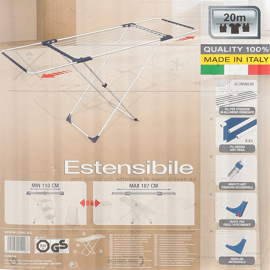 Сушилка для белья напольная, полотно 20 м, 187х61х94 см, складная, 24 прута, 20 кг, Gimi, Aliante, 1002330000000