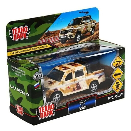 Машина детская Технопарк, Uaz Pickup, 12 см, военный с пулеметом, металл, PICKUP-12MIL-ARMBN, песочная
