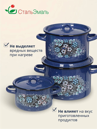 Набор посуды эмалированная сталь, 3 предмета, кастрюли 1.5,2.9,4.5 л, индукция, СтальЭмаль, Голубика, 1с33