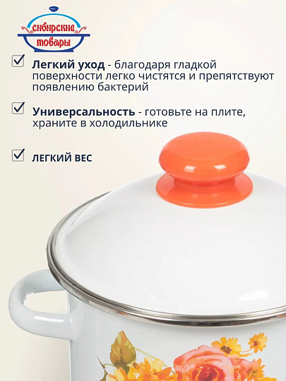 Кастрюля эмалированная сталь, 2 л, крышка сталь, цилиндрическая, Сибирские товары, Весна, 1MD161M, индукция