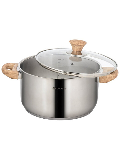 Кастрюля нержавеющая сталь, 6 л, крышка стекло, Daniks, Осло, GS-01147-24CA, индукция