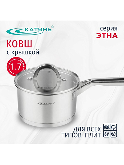 Ковш нержавеющая сталь, 1.7 л, крышка стекло, ручка нержавеющая сталь, индукция, Катунь, Этна, КТ21-К
