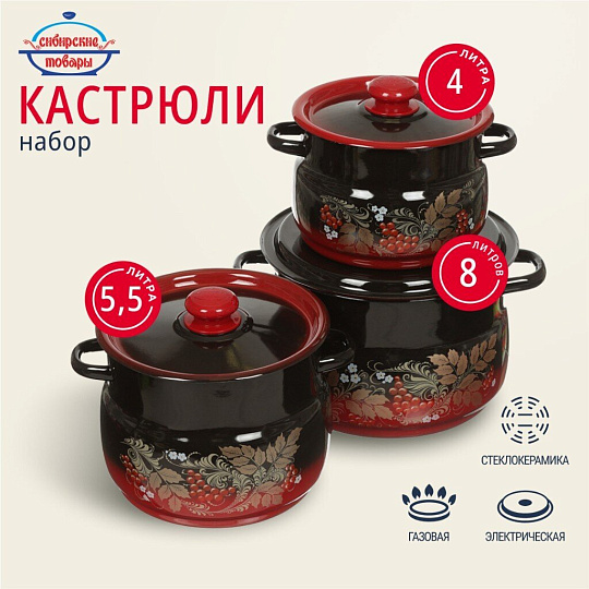 Набор посуды эмалированная сталь, 6 предметов, кастрюли 4,5.5,8 л, Сибирские товары, Рябинка 11, N11L05
