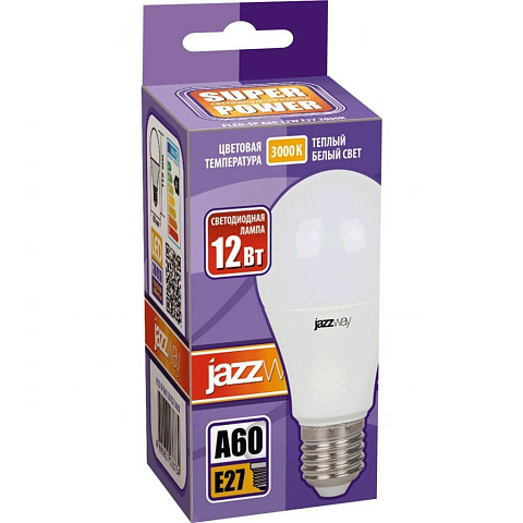 Лампа светодиодная E27, 12 Вт, груша, 3000 К, тепл бел свет, JazzWay, PLED- SP А60, 1033703