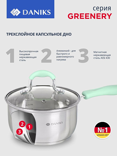 Ковш нержавеющая сталь, 1.7 л, крышка стекло, силиконовая ручка, индукция, Daniks, Гринери, SD-23-16SP, мятный