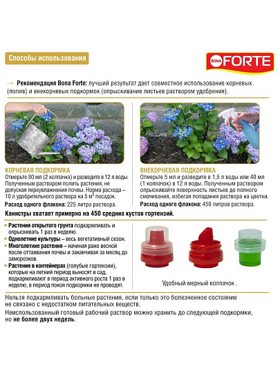 Удобрение для голубых гортензий, минеральное, жидкость, 1.5 л, Bona Forte