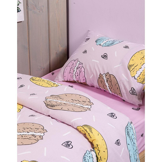 Постельное белье детское 1.5-спальное, простыня 145х215 см, 1 наволочка 50х70 см, пододеяльник 145х215 см, WMW, перкаль, Макарунс