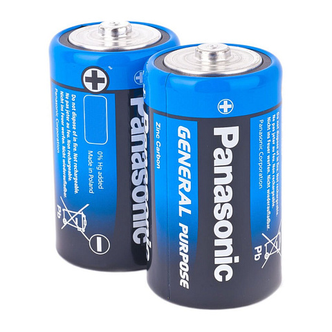 Батарейка Panasonic, D (R20), Zinc-carbon General Purpose, солевая, 1.5 В, спайка, 2 шт