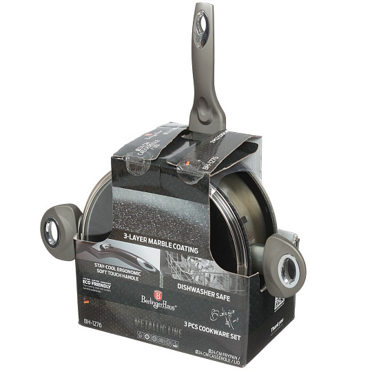 Набор посуды алюминий, антипригарное покрытие, 3 предмета, сковорода 24 см, кастрюля 24 см, индукция, Berlinger Haus, Carbon, 1276-ВН