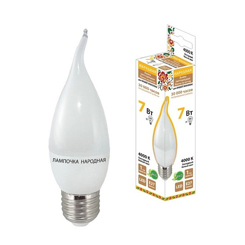 Лампа светодиодная E27, 7 Вт, 55 Вт, свеча на ветру, 4000 К, свет холодный белый, TDM Electric, Народная
