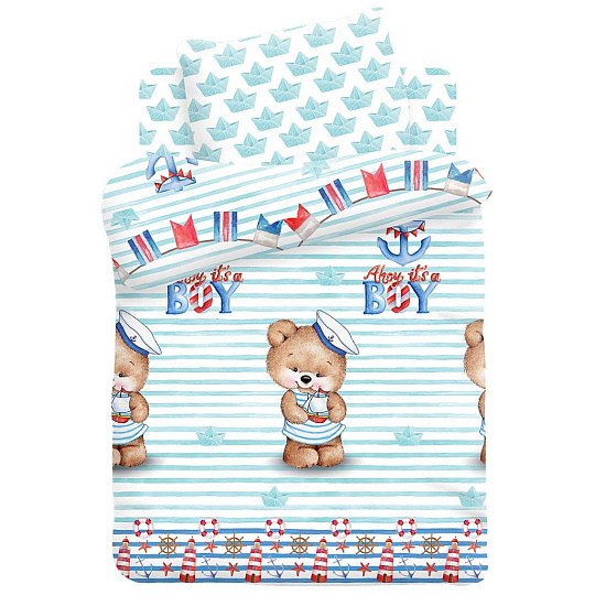 Постельное белье детское 1.5-спальное, простыня 110х150 см, 1 наволочка 40х60 см, пододеяльник 112х147 см, Непоседа, поплин, Мишка Морячок 515806