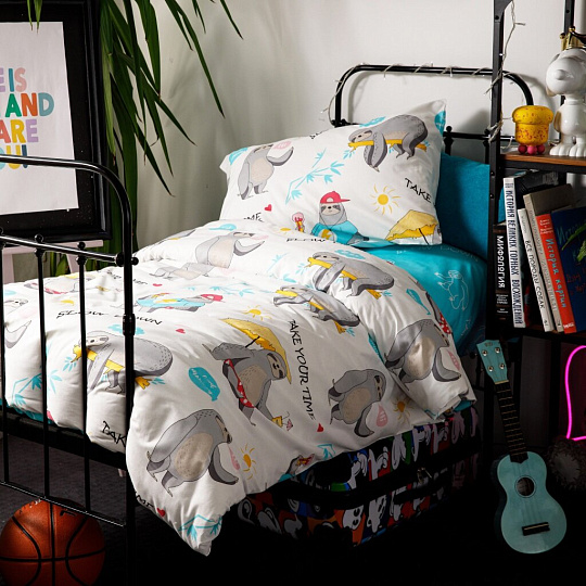 Постельное белье детское 1.5-спальное, простыня 150х215 см, 1 наволочка 70х70 см, пододеяльник 145х215 см, WMW, перкаль, Ленивцы 70765-1+70766-1