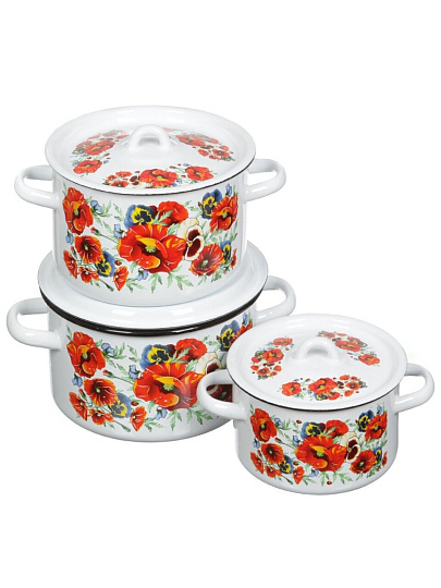 Набор посуды эмалированная сталь, 3 предмета, кастрюли 1.5,2.9,4.5 л, индукция, СтальЭмаль, Маки мечта, 1с33