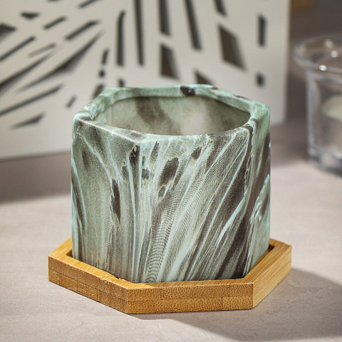 Кашпо керамика, 0.12 л, 7х5.6 см, с деревянной подставкой, в ассортименте, Мрамор, Y4-5085