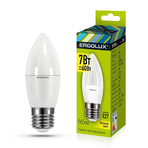 Лампа светодиодная Свеча 7Вт E27 3000K 172-265В Ergolux LED-C35-7W-E27-3K