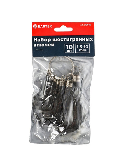 Набор ключей имбусовых, шестигранник, 10 предметов, Bartex, 1.5-10 мм, углеродистая сталь, HEX, на кольце