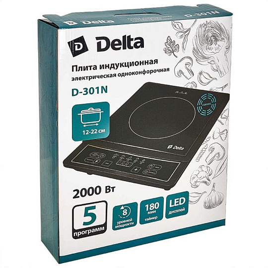 Плита электрическая Delta, D-301N, 2000 Вт, 1 конфорка, индукционная, керамика, 5 программ, черная
