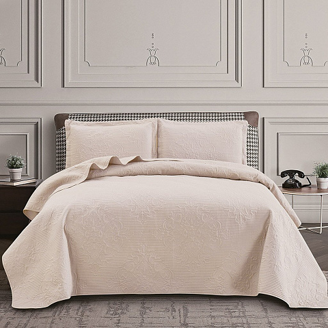 Текстиль для спальни евро, покрывало 230х250 см, 2 наволочки 50х70 см, Silvano, Ультрасоник Барокко, розово-бежевые