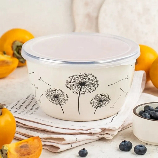 Миска эмалированная сталь, круглая, 14 см, 1.1 л, с крышкой, Одуванчик, Metrot, 340966