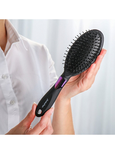 Расческа массажная, резиновая ручка, для волос, овальная, черная, 70х265х40 мм, Studio style, 58808-7121