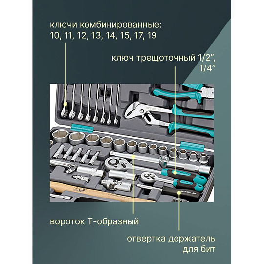 Набор слесарных инструментов Stels, 14104, 1/2", 1/4", сталь, кейс, 76 предметов