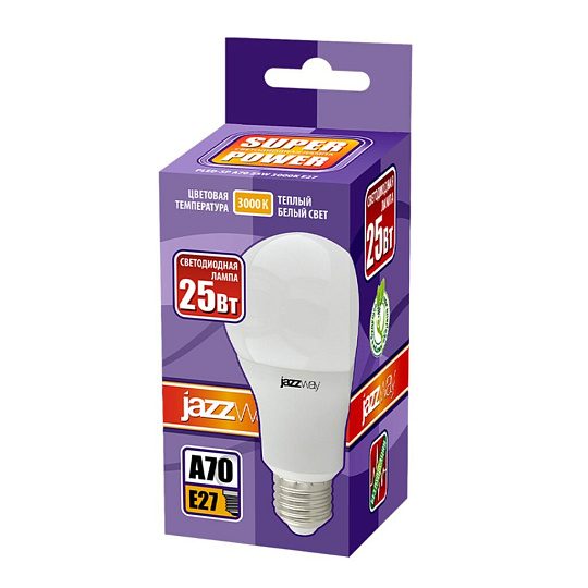Лампа светодиодная E27, 25 Вт, груша, 3000 К, теплый белый свет, JazzWay, PLED- SP А65, 5018051A