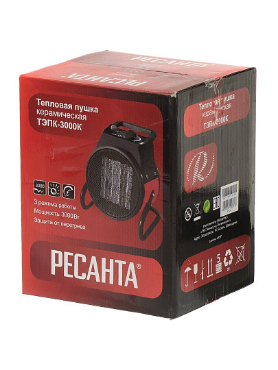 Пушка тепловая электрическая, Ресанта, ТЭПК-3000K, 3 кВт, 300 м³/ч, керамический элемент, 3 режима, круглая, 67/1/27