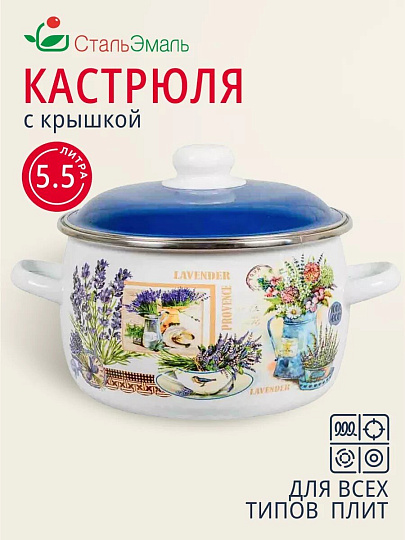 Кастрюля эмалированная сталь, 5.5 л, крышка сталь, сферический, СтальЭмаль, Горная лаванда, 6RC221M, индукция