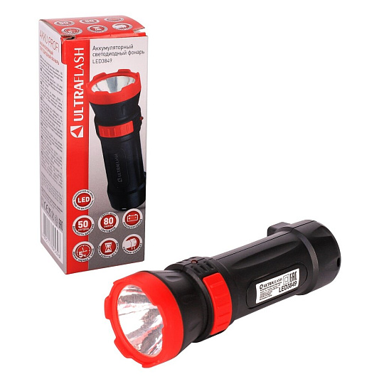 Фонарь ручной, встроенный аккумулятор, Ultraflash, LED3849, зарядка от сети 220 В, пластик, черный, 2 режима, 14931