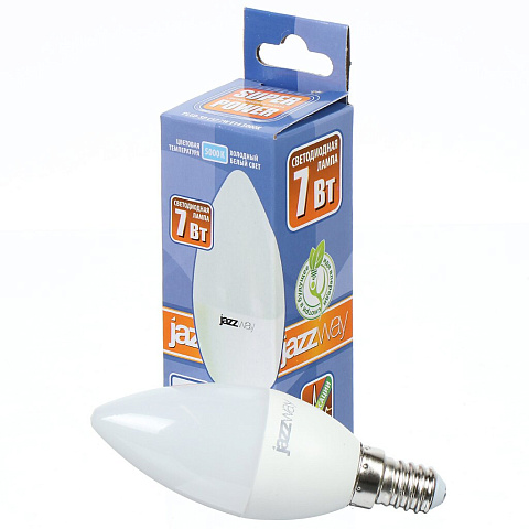 Лампа светодиодная E14, 7 Вт, 60 Вт, свеча, 5000 К, свет холодный белый, JazzWay, PLED- SP C37