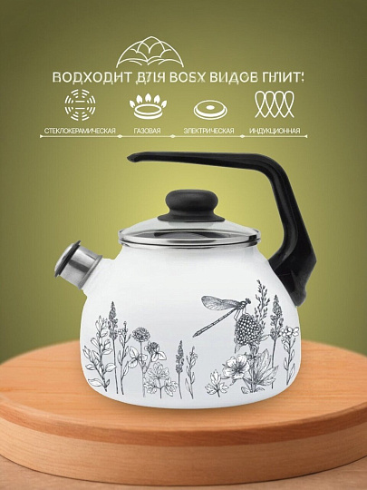 Чайник сталь, эмалированное покрытие, 3 л, со свистком, ручка пластиковая, Appetite, Flora-2, белый, 4с209я