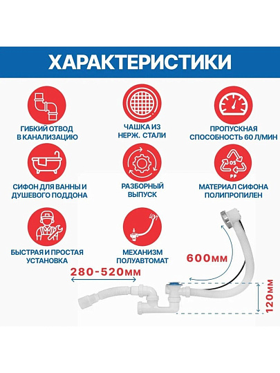 Сифон для ванны и глубокого поддона, гофрированный, 280 мм, 50х600 мм, полипропилен, с выпуском, с переливом, круглый перелив, полуавтомат, выпуск с нержавеющей решеткой, перелив 60 см, 40х40/50, MasterProf, ИС.110641