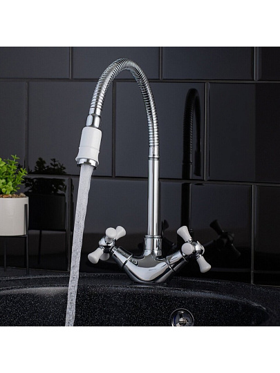 Смеситель для кухни, РМС, гибкий излив, с кран-буксой, белый, SL92W-279F