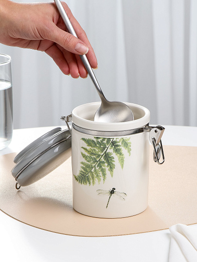 Банка для сыпучих продуктов, керамика, 0.6 л, 9.5х9.5х15 см, с крышкой, с бугельным замком, Prima Collection, Дикий папоротник