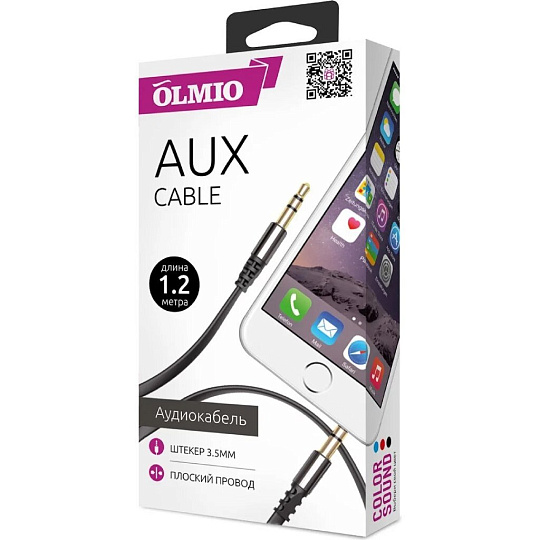 Кабель AUX, OLMIO, Jack-Jack, плоский, 3.5 mm, черный, 038642