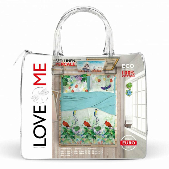 Постельное белье 2-спальное, простыня 220х240 см, 2 наволочки 70х70 см, 2 наволочки 50х70 см, пододеяльник 180х215 см, Love Me, перкаль, Тропики 20064+20065+4846/14