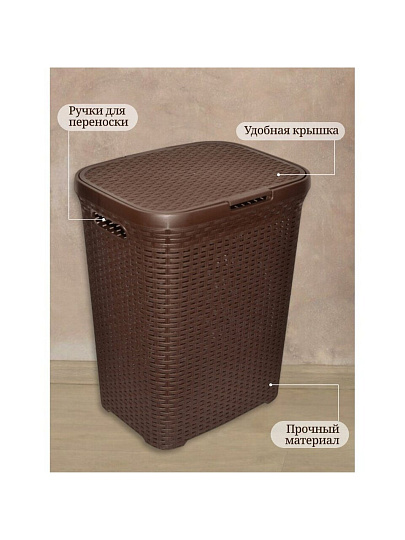 Корзина для белья, 40 л, 30х38х48 см, прямоугольная, плетеная, пластик, коричневая, с крышкой, Violet, Ротанг, 184001